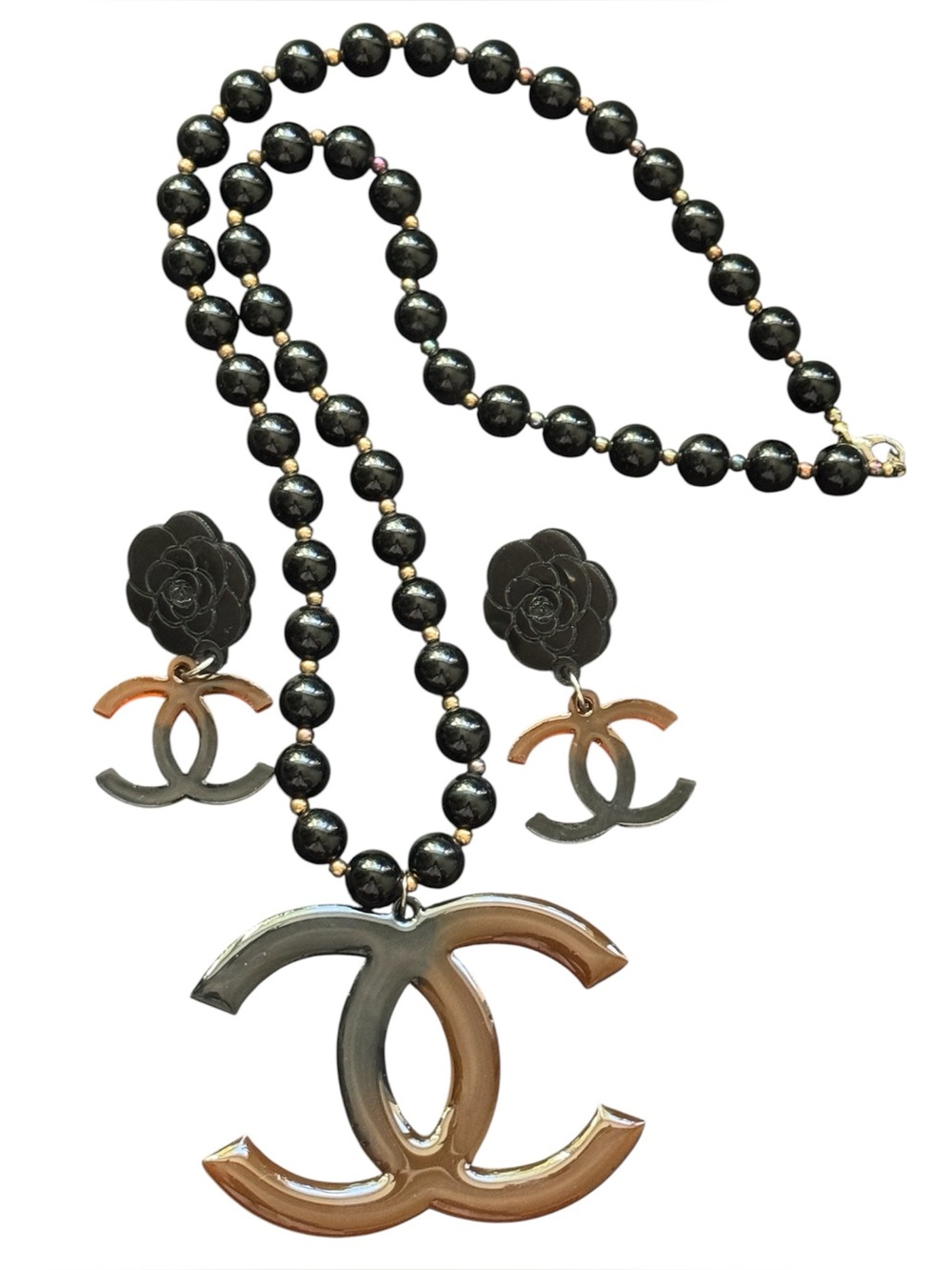 Vintage Black Beaded Necklace with Earrings